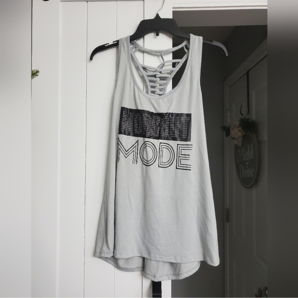 Material Girl Light Gray Tank Top with 'Workout Mode' Print. NEW!